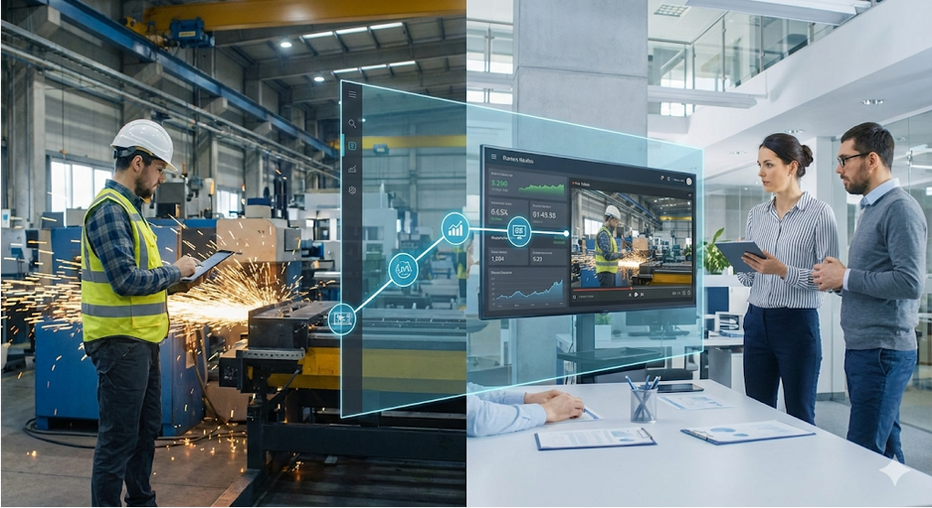 現場作業員と360度カメラ